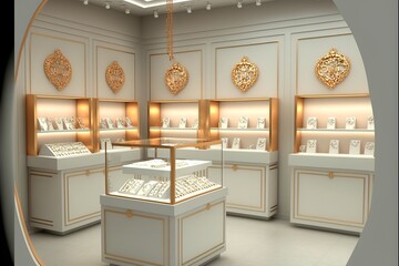 jewelry store with many women's and men's jewelry, modern style