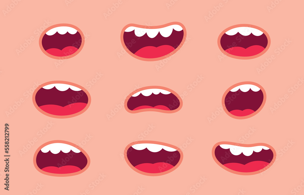 Cartoon mouth smile. Face laugh with tooth and tongue. Flat vector illustration
