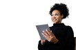 © muse studio - A female freelancer positive curly smiling uses a tablet, isolated transparent background.