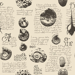 vector seamless pattern background with photo of ancient ammonite shells and trilobites and text loreum ipsum imitating paleontological catalog or encyclopedia. Suitable for wallpaper design