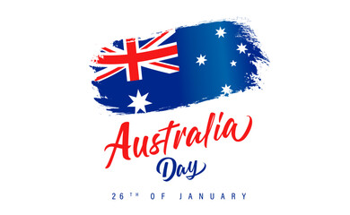 Wall Mural - Happy Australia Day lettering and grunge flag. Patriotic country flag and text isolated on white background for Australia Day, 26th of January. Vector Illustration