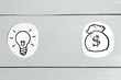 idea concept. Paper light bulb and bag with money on a gray background