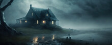 Wood Cabin In A Swamp. Horror Spooky Dark Landscape. Haunted House. Rural Haunted Wood Mansion. Cold, Mist And Fog Weather. Stormy Sky.