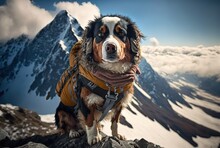 Illustration Of A Dog Wearing Fashion Costume Or Disguise As Backpacker Theme With Nature Mountain Landscape As Background