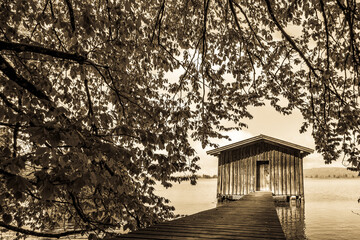 Wall Mural - typical old wooden jetty at the lake Starnberg