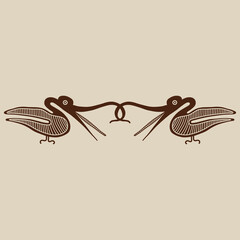 Symmetrical animal ornament or border with two stylized heron birds. Native American art of Maya Indians. Monochrome silhouette.