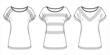 Vector short sleeved blouse fashion CAD, woman jersey top with lace trim details technical drawing, summer round neck t-shirt sketch, template.Jersey or woven fabric top, front, back view, white color