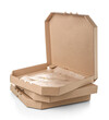 Stack of cardboard greasy pizza boxes on white background
