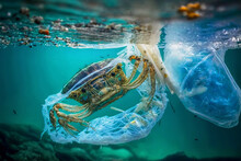 Tragic Reality Of Plastic Pollution, A Crab's Encounter With Debris In The Ocean.