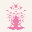 Vector illustration with female silhouette in meditating pose with lotus, light and moon phases. Yoga concept for print, poster, card and flyer design.
