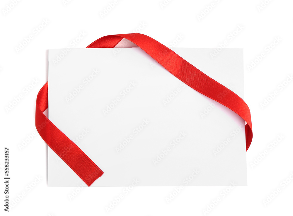 Blank card with red satin ribbon isolated on white background