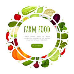 Farm food landing page template. Fresh organic ripe vegetables web banner, homepage design cartoon vector