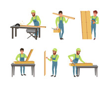 Male Carpenters In Overalls Sawing, Grinding And Screwing Wood Planks. Woodworking Carpentry Service Cartoon Vector Illustration