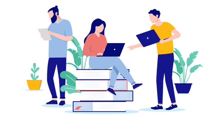 Aufkleber - Work self development - Team of people studying doing research and gaining information on computers. Flat design vector illustration with white background