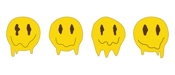 Set of psychedelic quirky cartoon face. Melted smile faces in trippy acid rave style. Design for stickers, sweatshirts, t-shirts. Vector illustration