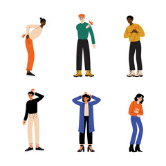 Sticker - People feeling pain in different parts of their bodies set. Men and women suffering from pain in back, shoulder, heart, head, stomach cartoon vector illustration