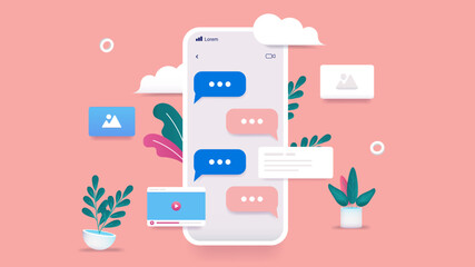 Aufkleber - Phone communication - Smartphone with text messages, video and images sending back and forth. Flat design vector illustration