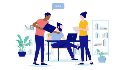 Aufkleber - People working in office talking and having discussion about work. Flat design vector illustration with white background