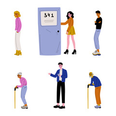 Poster - Set of different people. Neighbors that live in apartments cartoon vector illustration