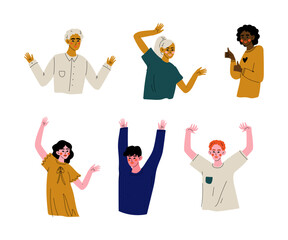 Poster - Young people with their hands raised set. Guys and girls gesturing with raising hands cartoon vector illustration