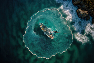 Canvas Print - Aerial view of fishing boat casting a net for catching fishes. Generative AI.