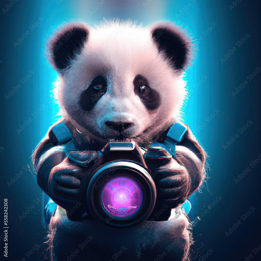 Painted portrait of a baby panda with camera illustration created