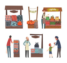 Natural Eco Products At Street Market Stalls And Set. People Selling And Buying Vegetables And Seafood At Outdoor Local Fair, Farmers Market Cartoon Vector