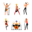 Set of rock musicians playing electric guitar, drums and singing. Rock or pop band singer, drummer and guitarist cartoon vector illustration
