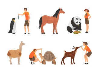 Wall Mural - Professional zoo workers caring of animals in zoo set. Veterinarian in feeding and curing alpaca, panda, horse, penguin, turtle, fawn cartoon vector illustration