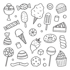 Wall Mural - Sweets and candies doodle set. Desserts in sketch style.  Hand drawn vector illustration isolated on white background