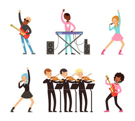 Poster - Children playing musical instruments and singing set. Musicians playing classic and rock music at concert cartoon vector illustration