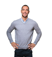 Happy young man posing against background