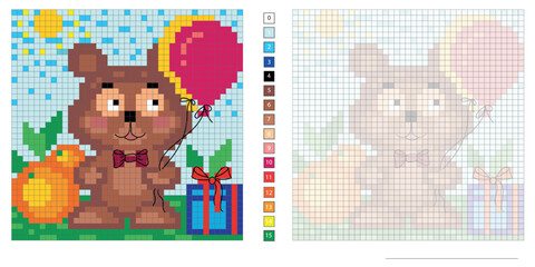 Wall Mural - vector pixel illustration, teddy bear with a gift and balloons, coloring book, embroidery design, mosaic, creativity development of motor skills and imagination