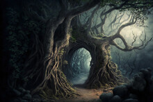 Fantasy Forest Old Gnarled Trees And Path Scene AI Generative	
