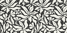 Abstract Black And White Flower Art Seamless Pattern. Trendy Contemporary Floral Nature Shape Background Illustration. Natural Organic Plant Leaves Artwork Wallpaper Print. Vintage Spring Texture.