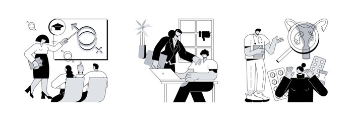Poster - Sexual behavior abstract concept vector illustration set. Sexual education, harassment relationships, sexually transmitted diseases, abuse and assault, social interactions abstract metaphor.