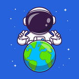 Fototapeta  - Cute Astronaut With Earth In Space Cartoon Vector Icon Illustration. 
Technology Science Icon Concept Isolated Premium Vector. Flat 
Cartoon Style