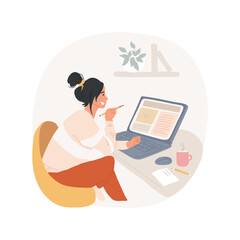 Wall Mural - Blogs isolated cartoon vector illustration. Young girl reading online blogs via laptop and drinking coffee, getting new knowledge, people lifestyle, mental development vector cartoon.