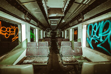 Old Derailed Train With Graffitis That Crashed In A Underground Tunnel 