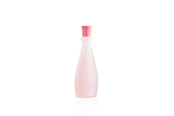 Wall Mural - Plastic matte bottle with pink cap and liquid on a white background.