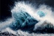 wave crashing onto the shore, with the frothy water and spray creating an abstract, chaotic scene (AI Generated)