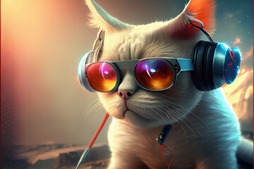 Wall Mural - sunglasses cat dj, headphones listening to music on turntable,generative ai