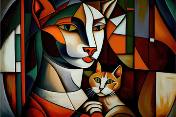 Wall Mural - cat and baby kitten abstract art, digital unique art,generative ai