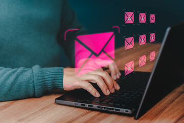 Poster - Freelancer's hand using computer laptop and sending online message with email icon, email marketing concept, send email or newsletter, internet network working online.