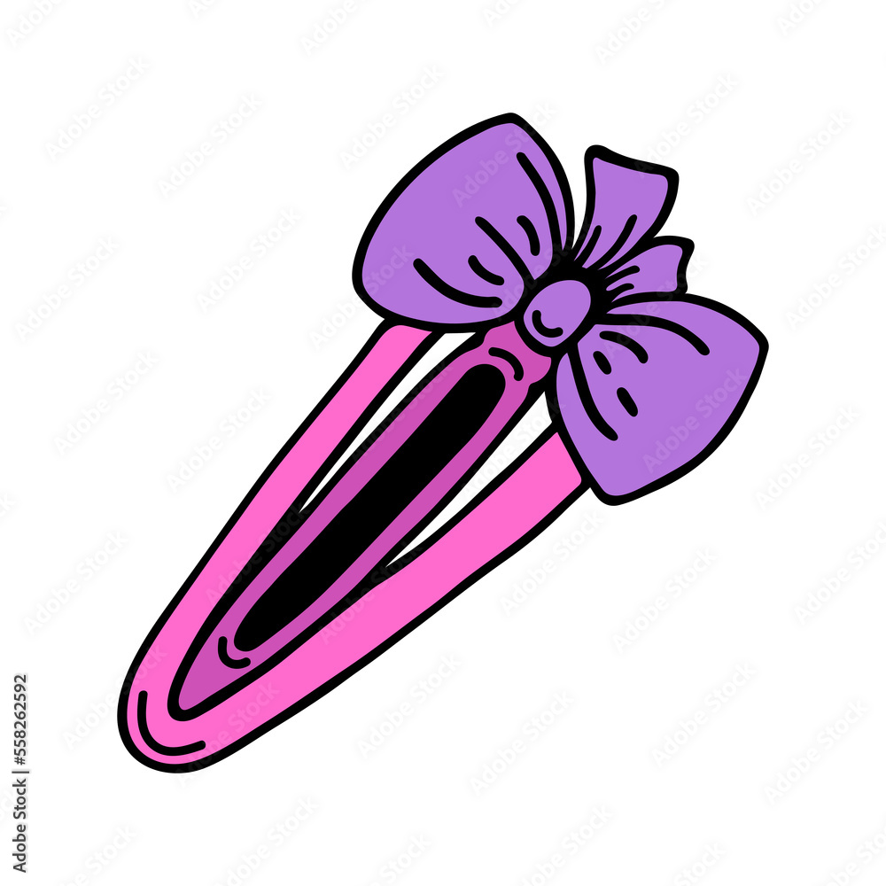 Hairpin vector icon. Hand drawn simple colored doodle isolated on white. Pink hair accessory with a beautiful bow. Stylish decoration for creating a hairstyle. Flat cartoon clipart for cards prints St...