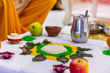 Indian Hindu wedding ritual items close up