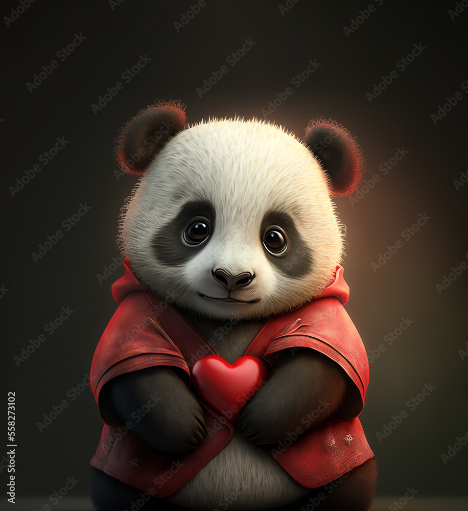 Cute panda with heart in hands, Panda with love symbols for Valentine's ...