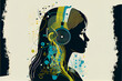 © Anna Hoychuk - Vector Design of Woman with long Hair Listening to Music in Her Headphones. Generative ai