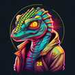 colorful illustration of cunning reptilians, conspiracy theory, generative AI