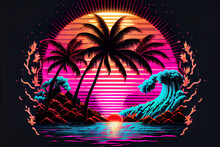 Synthase Sunset, Landscape With Palm Trees, 80's Retro Synthase Color Design Ocean Wave, Generative Ai.
